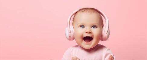 The joyful baby enjoying music with pink headphones against a pastel background. photo