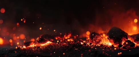 The Glowing Lava Flow Erupting from a Volcanic Landscape at Night photo