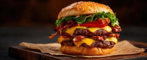 The mouthwatering burger topped with cheese, bacon, and fresh vegetables awaits your enjoyment. photo