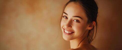 The captivating woman radiating joy and warmth in a serene portrait. photo