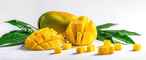 The vibrant mango showcasing fresh slices and green leaves on a white background. photo