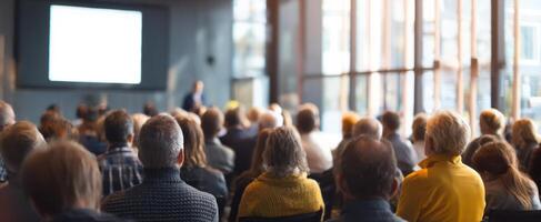 The engaged audience attending a professional seminar in a modern conference room. photo