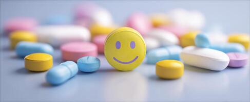 The cheerful smiley pill surrounded by colorful medications and capsules. photo
