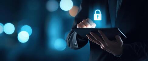 The Digital Security Concept with a Lock Icon on Tablet Device photo