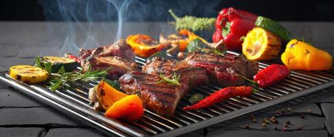 The mouthwatering grilled steak and vegetables on a barbecue grill. photo