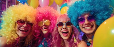 The joyful friends celebrating together in vibrant wigs and colorful accessories. photo