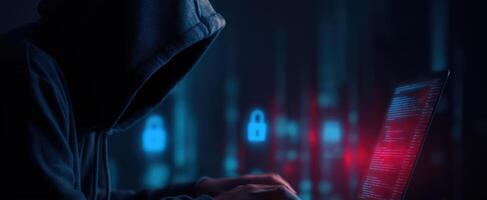The hacker manipulating code in a dark cyber environment with security locks. photo