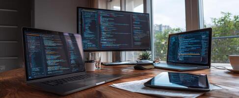 The workspace featuring multiple devices displaying coding and programming tasks. photo
