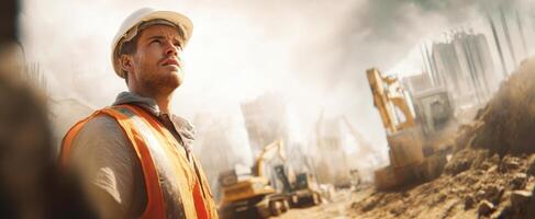 The determined construction worker overseeing a bustling job site with heavy machinery. photo