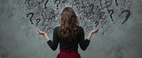 The Woman Surrounded by Questions Reflecting on Uncertainty and Creativity photo