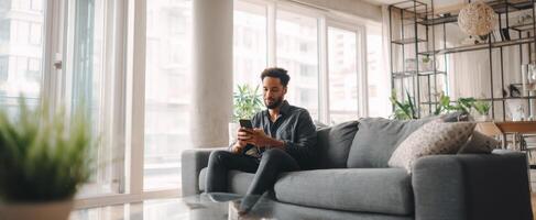 The man sitting comfortably on a couch using his smartphone in a modern apartment. photo