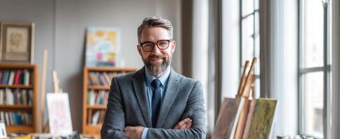 The confident man in a suit posing in an art studio setting. photo
