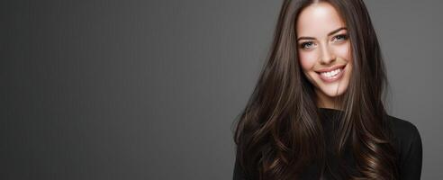 The beautiful woman with long hair and a radiant smile in a studio setting. photo