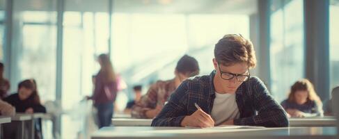 The student concentrating deeply during an important examination in a bright classroom photo