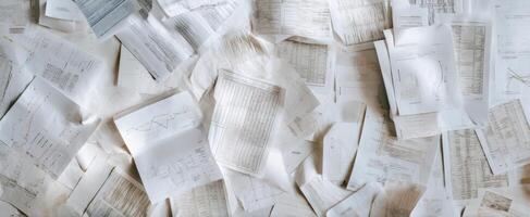 The scattered documents showcasing analysis and financial data on a messy workspace. photo