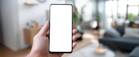 The smartphone held in hand on a blurred modern living room background. photo