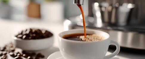 The Perfect Espresso Shot Being Poured into a White Coffee Cup photo
