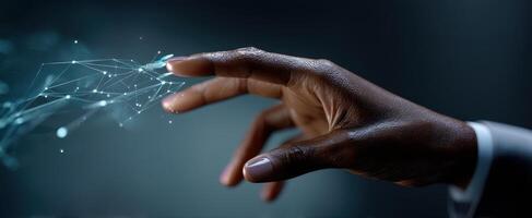 The hand reaching out to connect with digital technology and innovation. photo