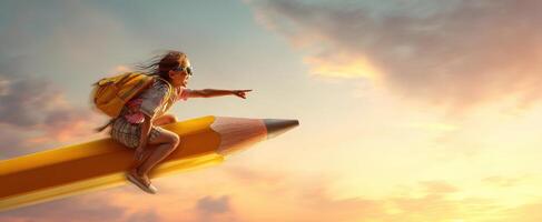 The girl soaring through the sky on a giant yellow pencil of imagination. photo