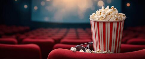 The bucket of popcorn in a cozy movie theater setting. photo
