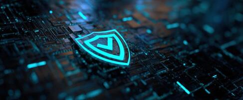 The Shield Symbol Representing Cybersecurity in a Futuristic Digital Landscape photo
