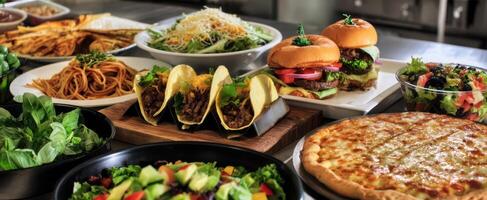 The delicious spread of diverse cuisines including tacos, burgers, and fresh salads. photo