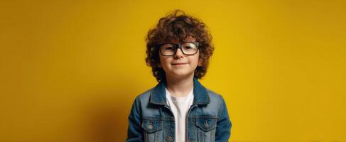 The cheerful boy wearing glasses and a denim jacket against a yellow background. photo