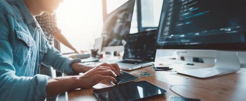 The modern workspace featuring a programmer engaged in coding and collaboration. photo