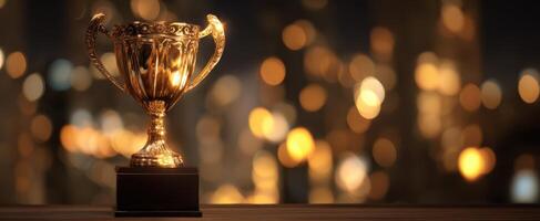 The golden trophy standing proudly against a blurred festive background. photo