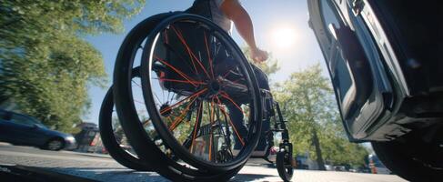 The person in a wheelchair embracing freedom in an urban environment. photo