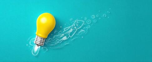 The Lightbulb Igniting a Rocket of Creativity and Innovation on Turquoise Background photo