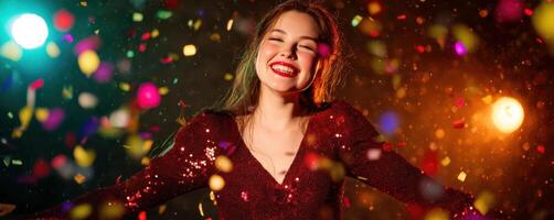 The joyful woman celebrating with confetti at a vibrant party atmosphere. photo