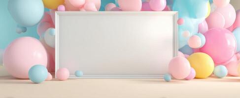 The Decorative Frame Surrounded by Colorful Balloons in a Festive Atmosphere. photo