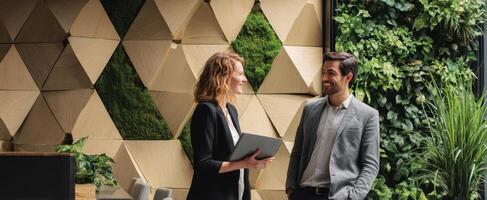 The modern workplace featuring engaged professionals collaborating in a green office environment. photo