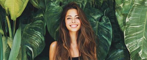 The joyful woman surrounded by lush green leaves and vibrant nature. photo