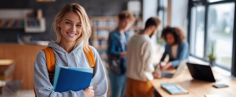 The smiling student enjoying a productive study session with friends in a modern environment. photo