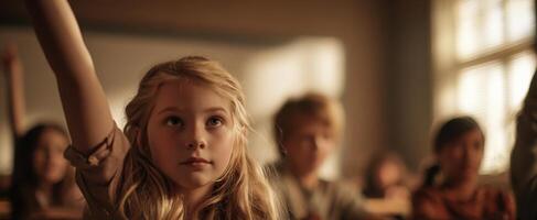 The attentive girl raising her hand in a classroom filled with students. photo