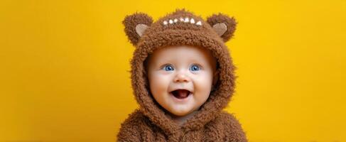 The adorable baby in a cozy bear costume smiling against a bright yellow background. photo