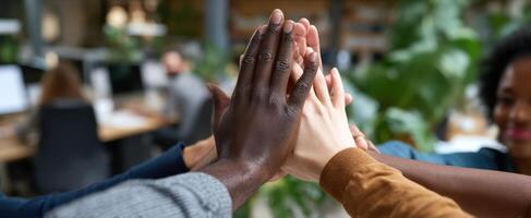 The hands of collaboration unite in a modern office environment. photo
