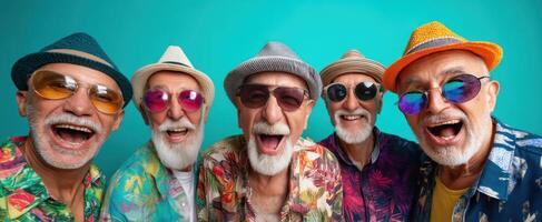 The joyful group of smiling elderly men enjoying a vibrant summer day. photo