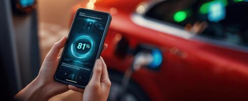 The smartphone displaying charging status of an electric vehicle in urban setting. photo