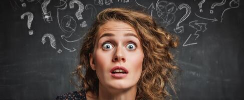 The confused woman surrounded by question marks illustrating perplexity and curiosity. photo