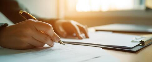 The hand signing a document with a pen in a professional workspace. photo