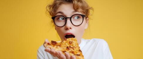 The surprised girl enjoying a delicious slice of pizza against a yellow backdrop. photo