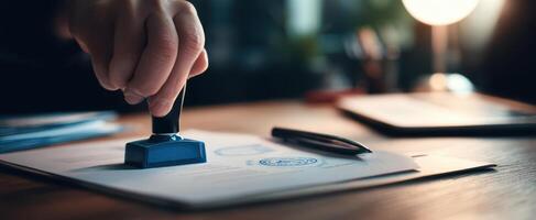 The hand using a blue stamp on an official document on a wooden desk photo