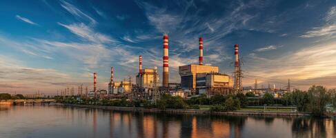 The industrial power plant reflected in a serene river during sunset. photo