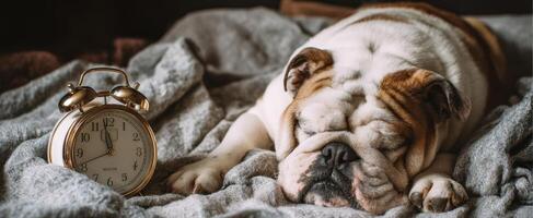 The sleeping bulldog resting beside a vintage alarm clock on a cozy blanket. photo
