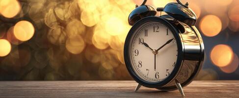 The classic black alarm clock against a bokeh background in warm hues. photo