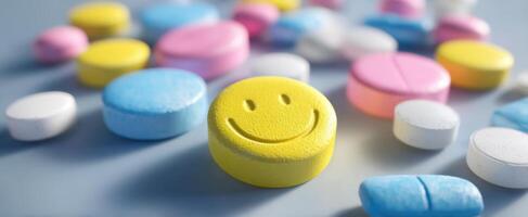 The cheerful smiley pill surrounded by colorful medication on a soft surface. photo