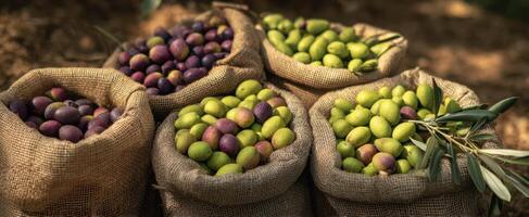 The vibrant assortment of freshly harvested olives in burlap sacks. photo